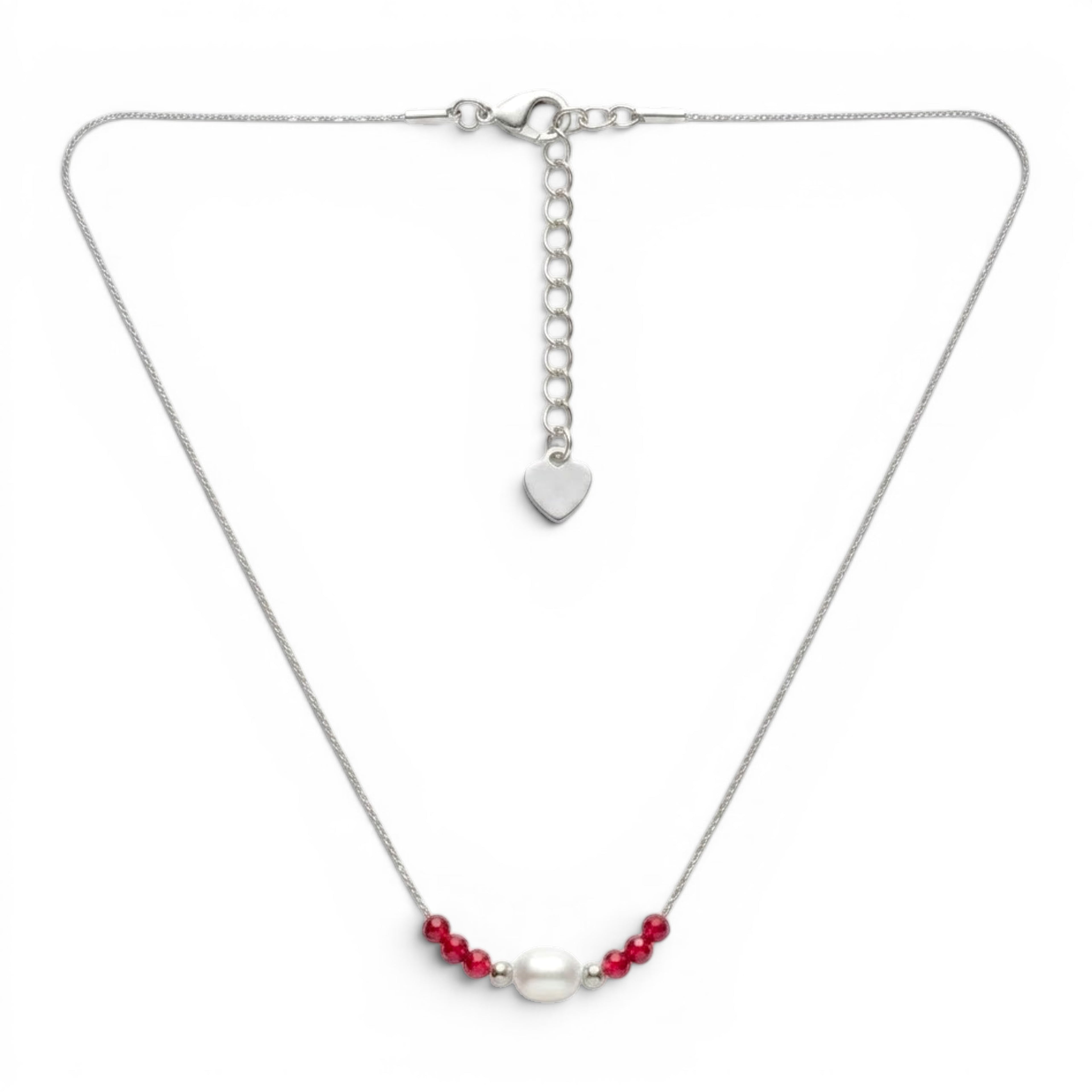 Collana Sottile con Perla Centrale e Cristalli Rossi In Acciaio Inossidabile