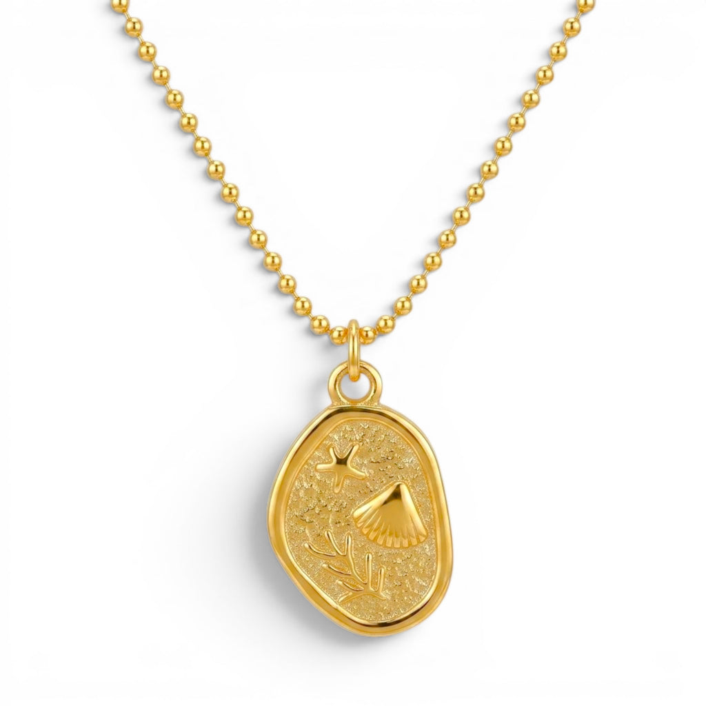 Collana Medaglia Marina Sabbiata con Conchiglia e Corallo In Acciaio Inossidabile