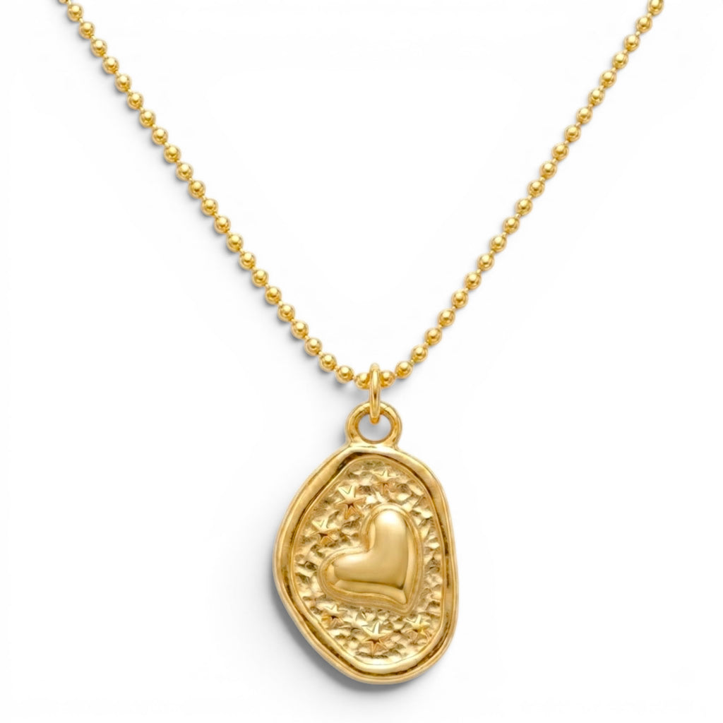 Collana Medaglia Martellata con Cuore e Stelle In Acciaio Inossidabile