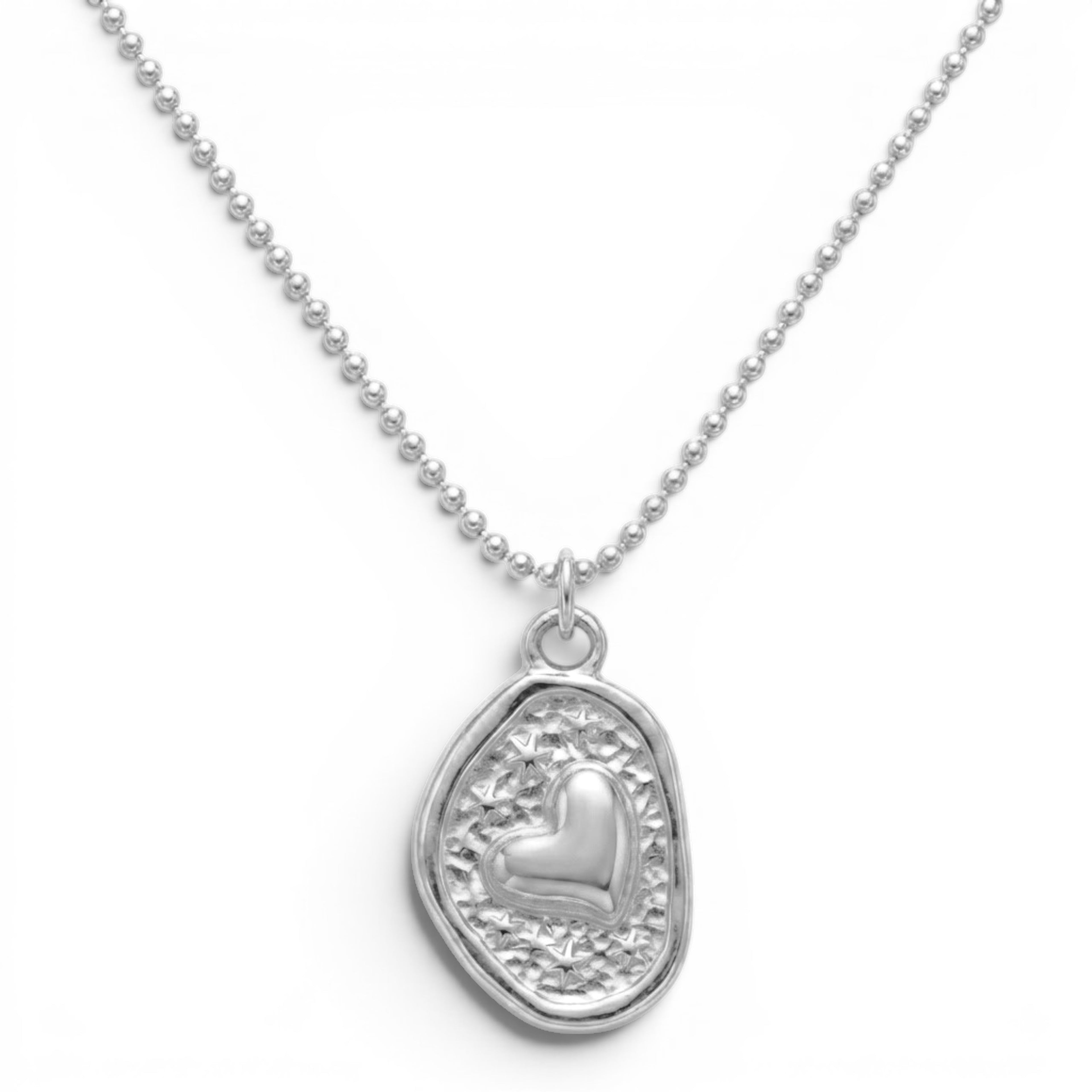 Collana Medaglia Martellata con Cuore e Stelle In Acciaio Inossidabile