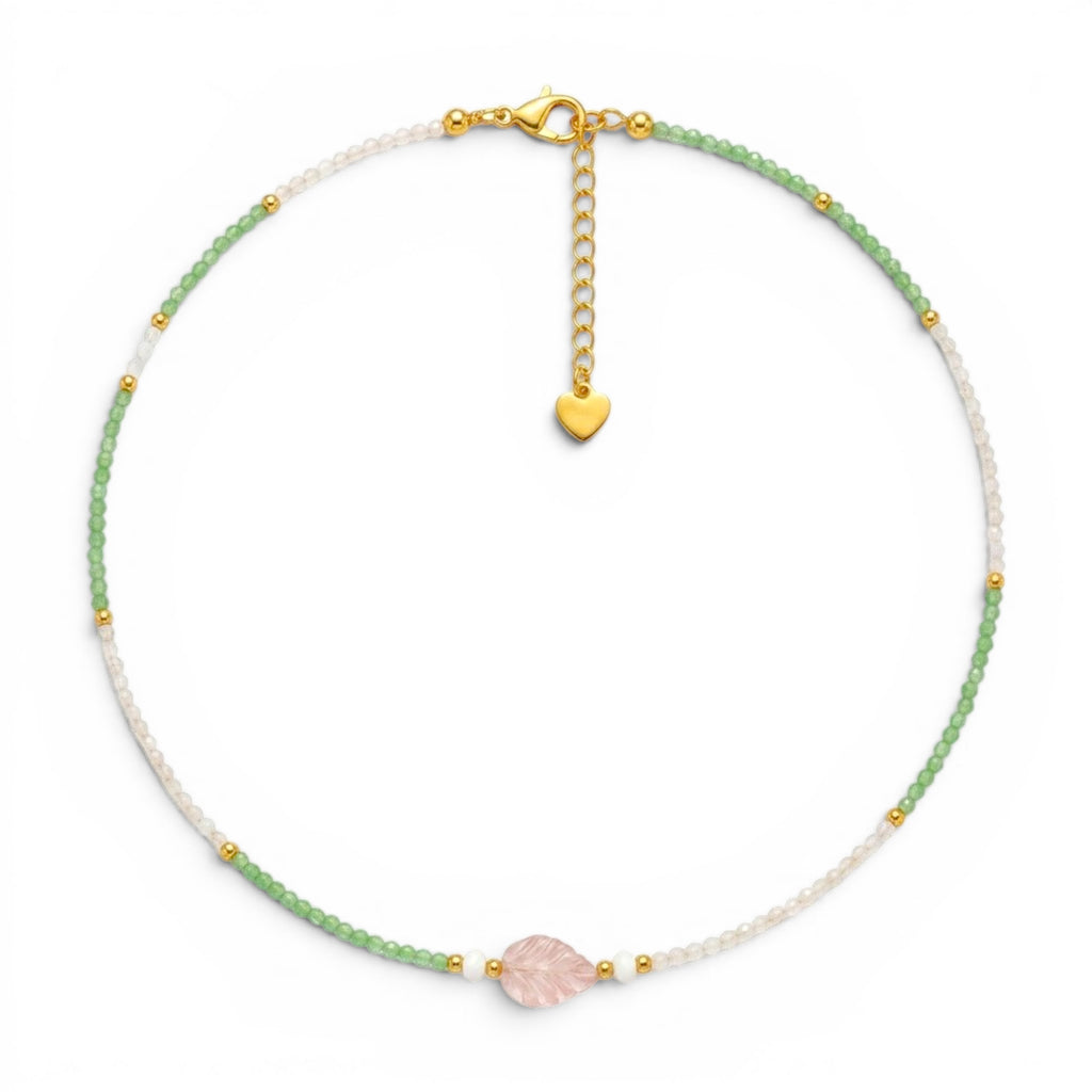 Collana Summer con Foglia in Pietra Rosa e Perline In Acciaio Inossidabile
