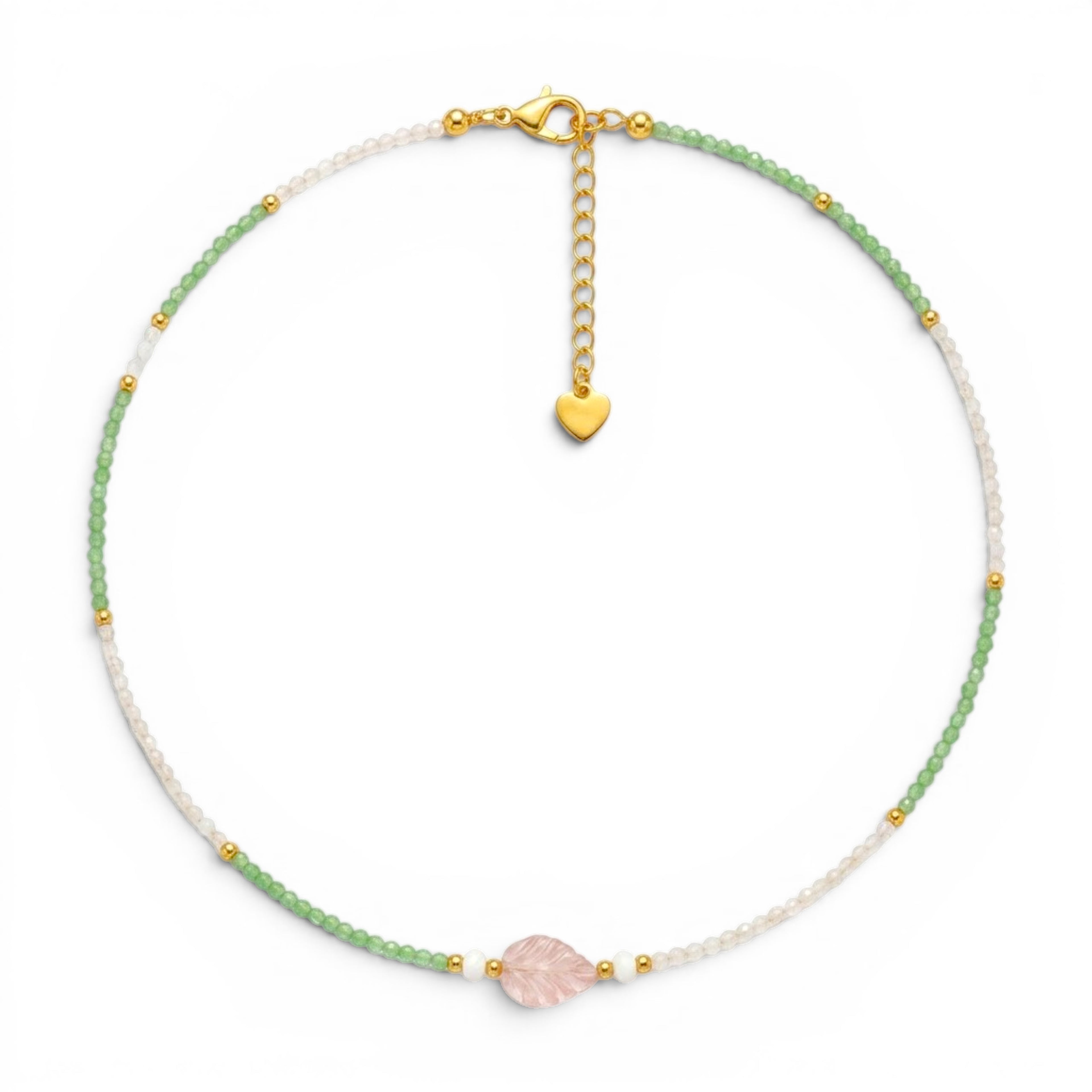 Collana Summer con Foglia in Pietra Rosa e Perline In Acciaio Inossidabile