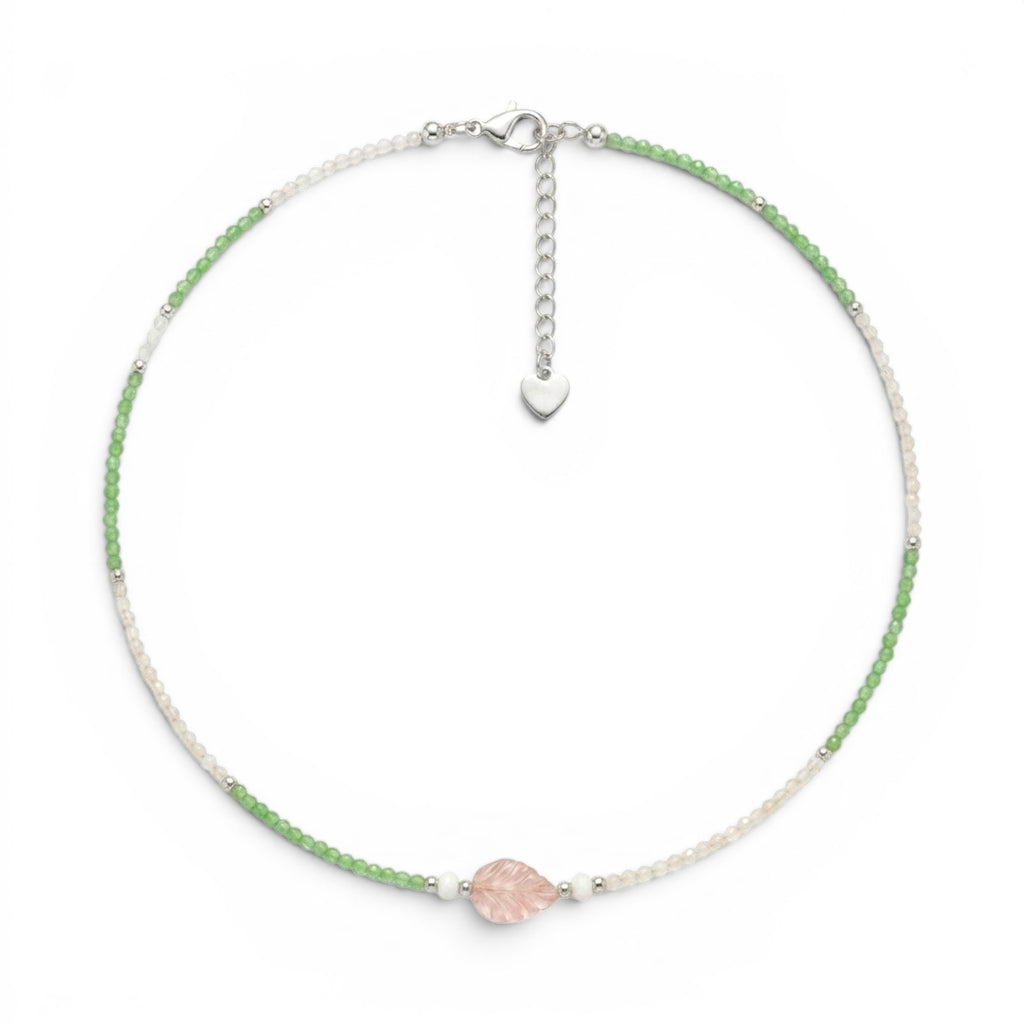 Collana Summer con Foglia in Pietra Rosa e Perline In Acciaio Inossidabile
