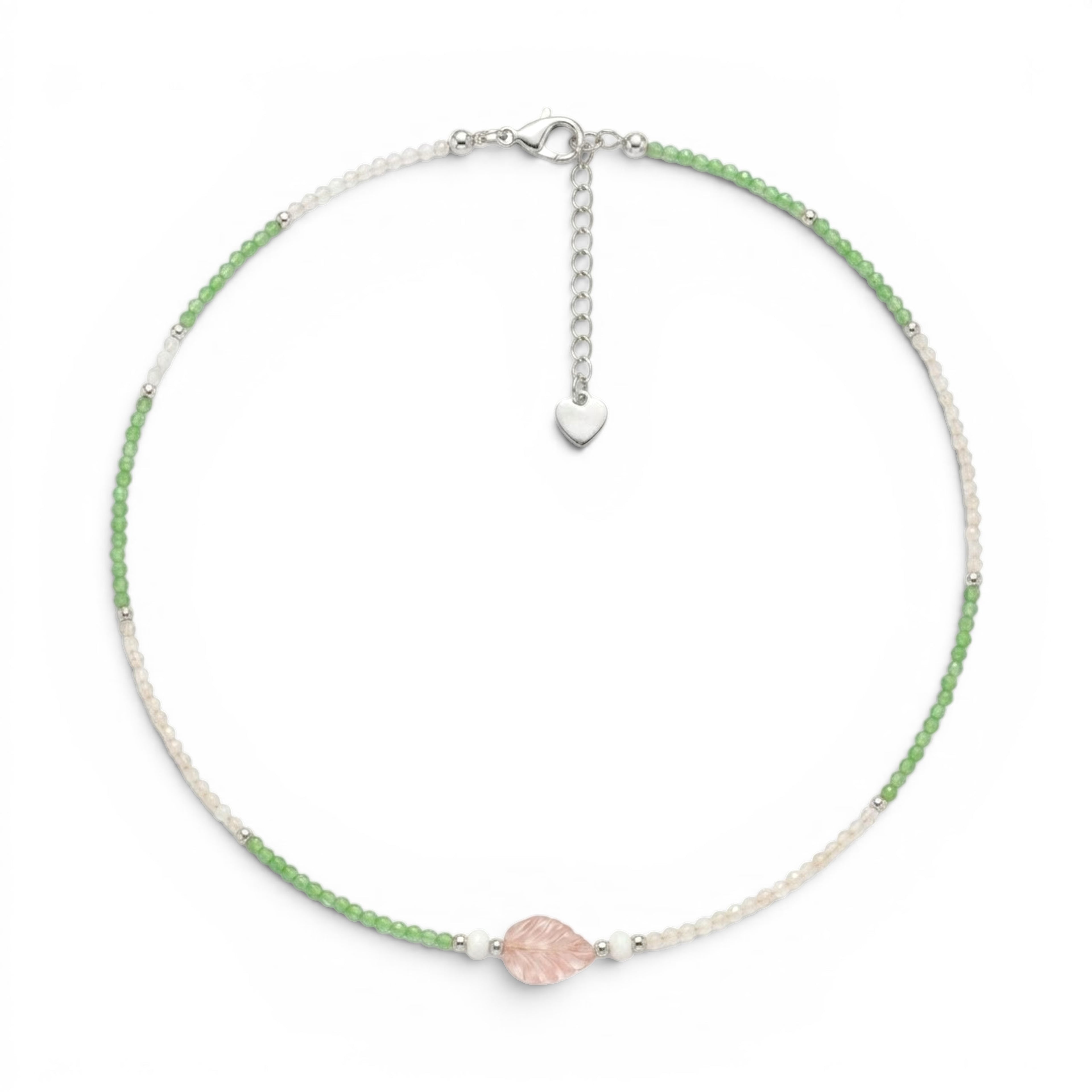 Collana Summer con Foglia in Pietra Rosa e Perline In Acciaio Inossidabile