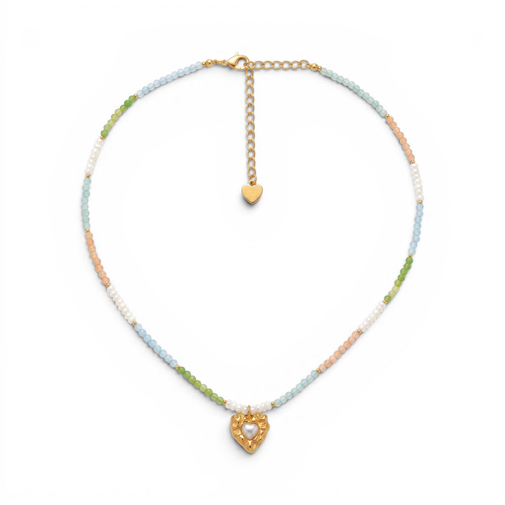 Collana Multicolor con Cuore Martellato e Perla In Acciaio Inossidabile