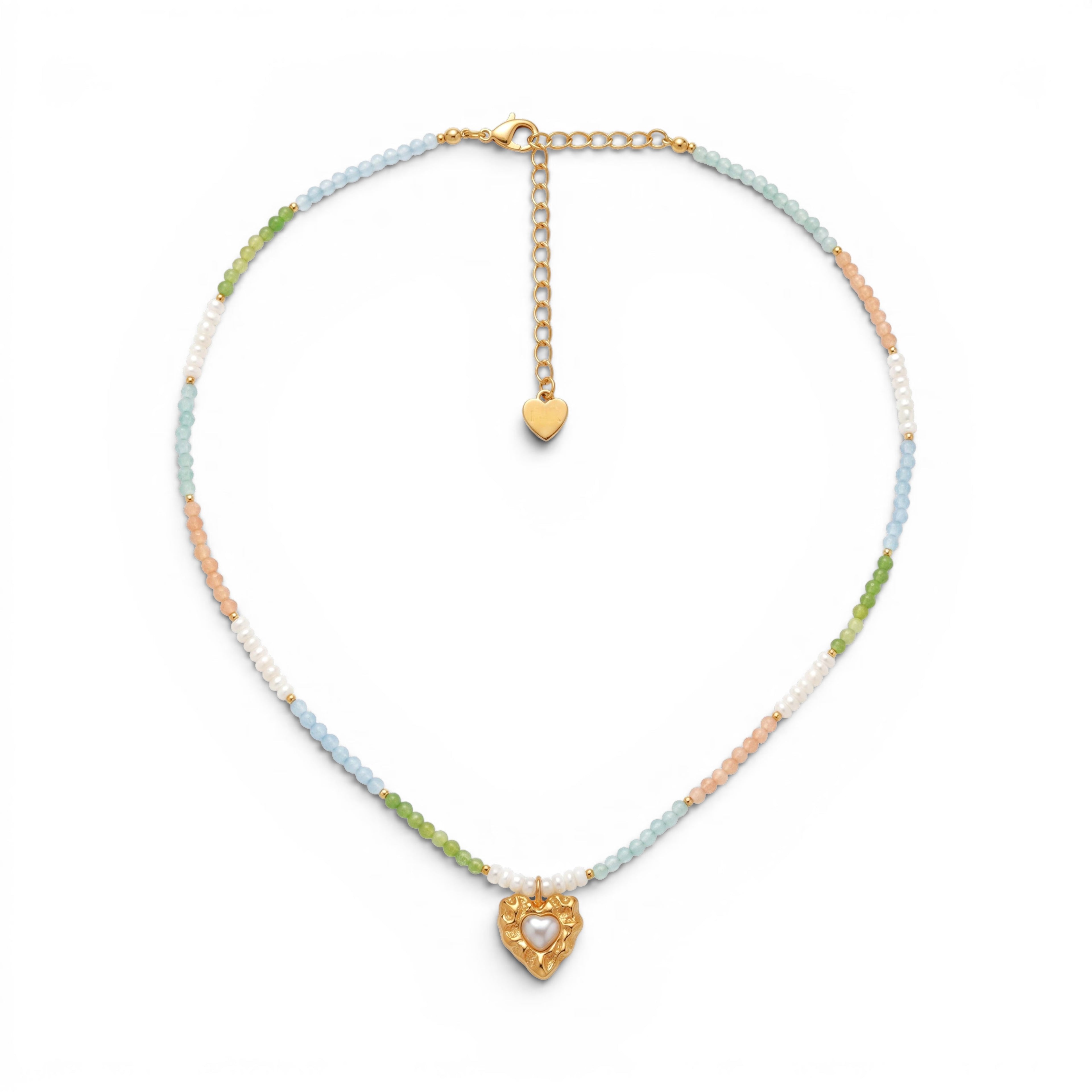 Collana Multicolor con Cuore Martellato e Perla In Acciaio Inossidabile