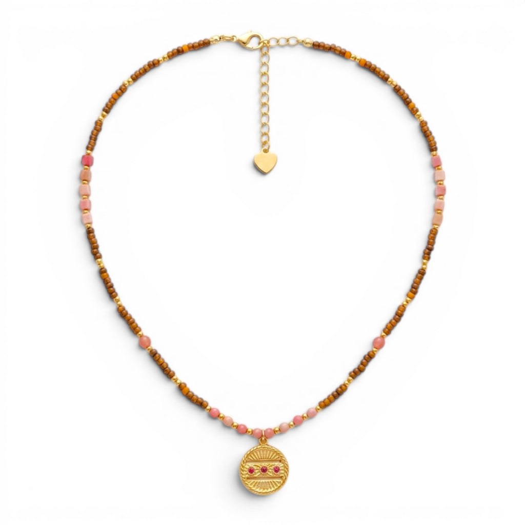 Collana Amuleto con Medaglietta e Perline Rosa e Marroni In Acciaio Inossidabile