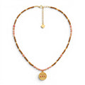 Collana Amuleto con Medaglietta e Perline Rosa e Marroni In Acciaio Inossidabile