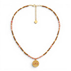 Collana Amuleto con Medaglietta e Perline Rosa e Marroni In Acciaio Inossidabile