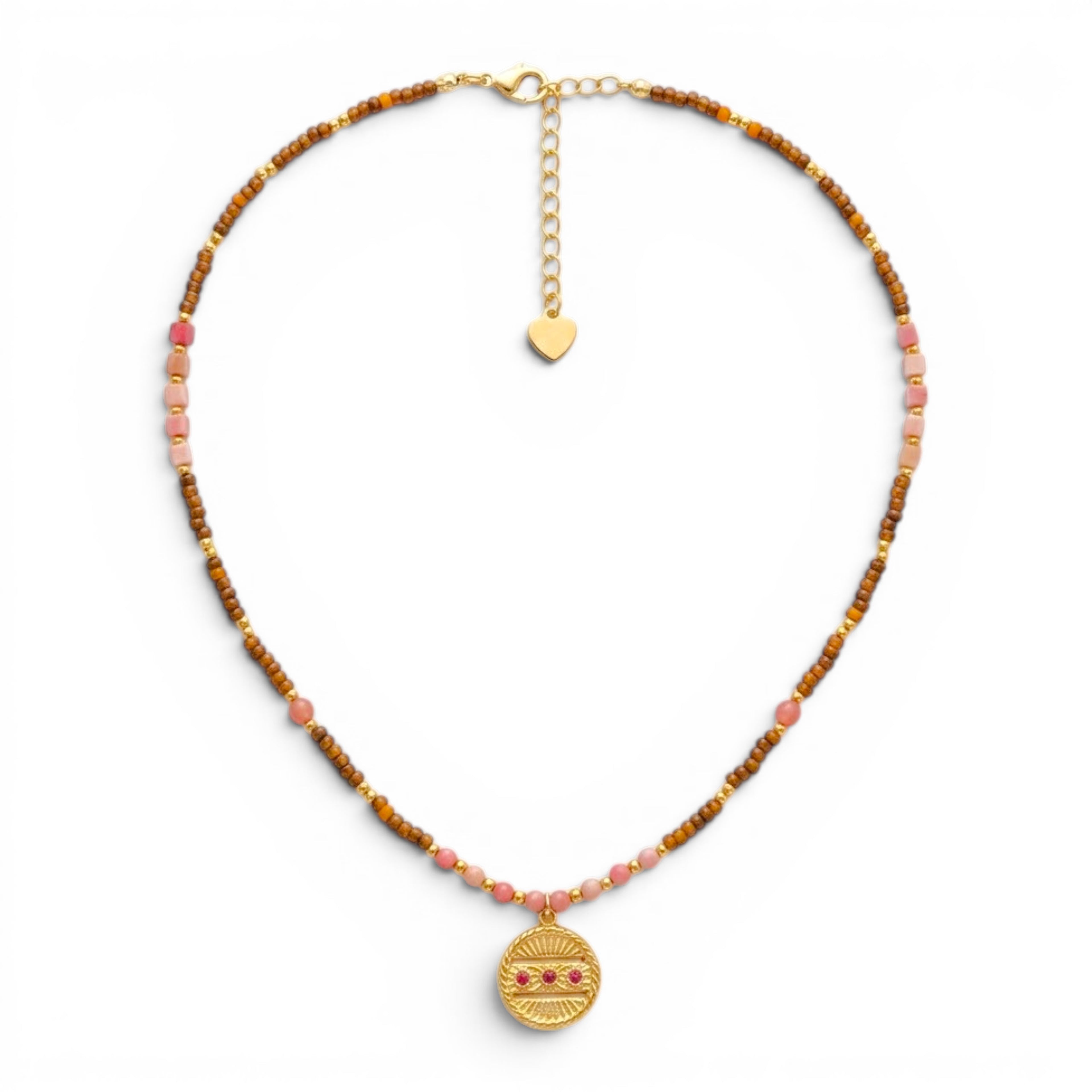 Collana Amuleto con Medaglietta e Perline Rosa e Marroni In Acciaio Inossidabile
