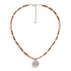 Collana Amuleto con Medaglietta e Perline Rosa e Marroni In Acciaio Inossidabile