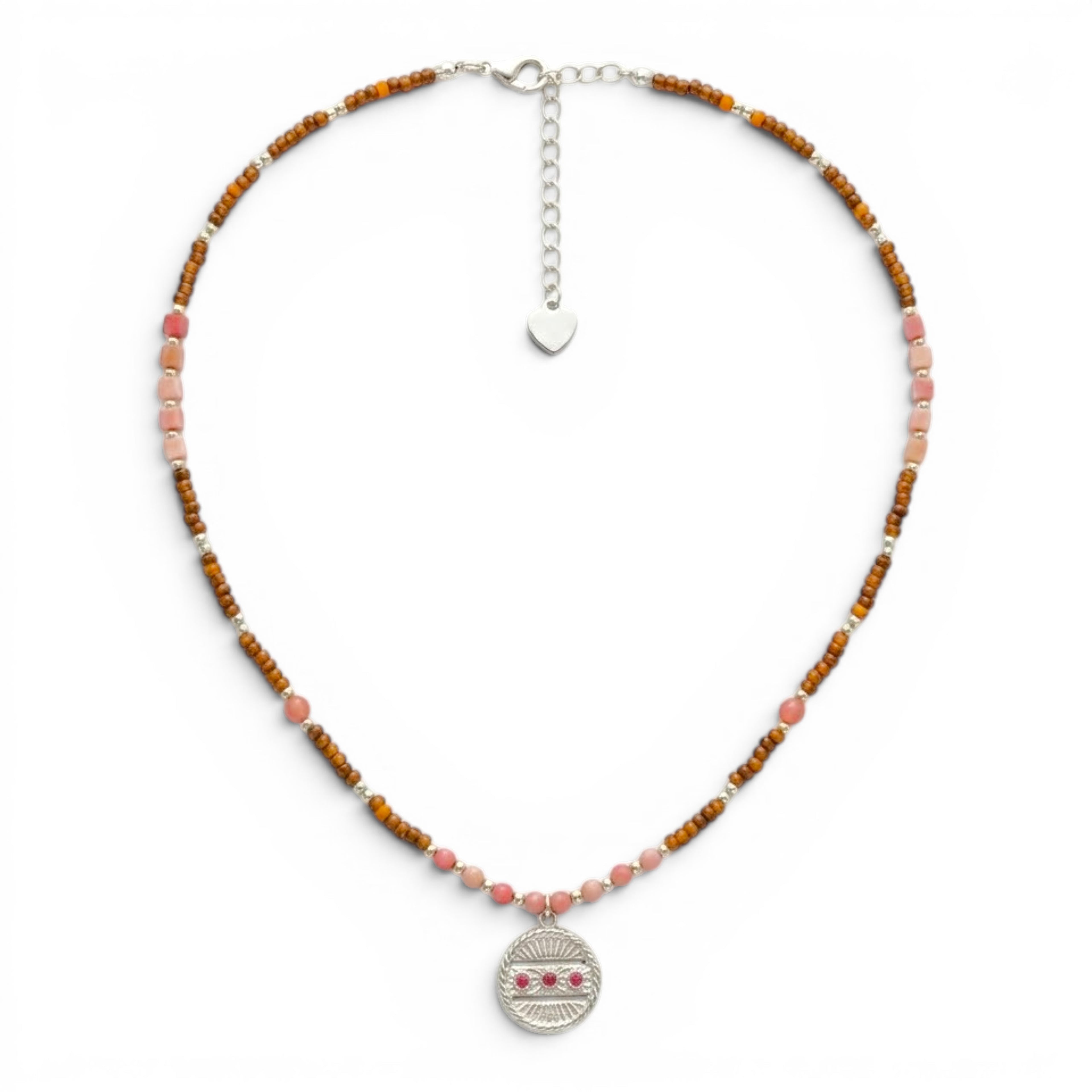Collana Amuleto con Medaglietta e Perline Rosa e Marroni In Acciaio Inossidabile