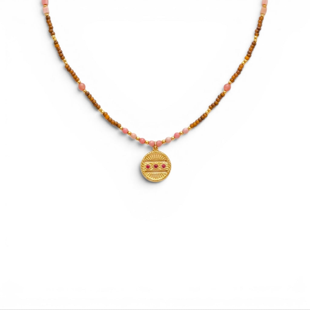Collana Amuleto con Medaglietta e Perline Rosa e Marroni In Acciaio Inossidabile