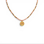 Collana Amuleto con Medaglietta e Perline Rosa e Marroni In Acciaio Inossidabile