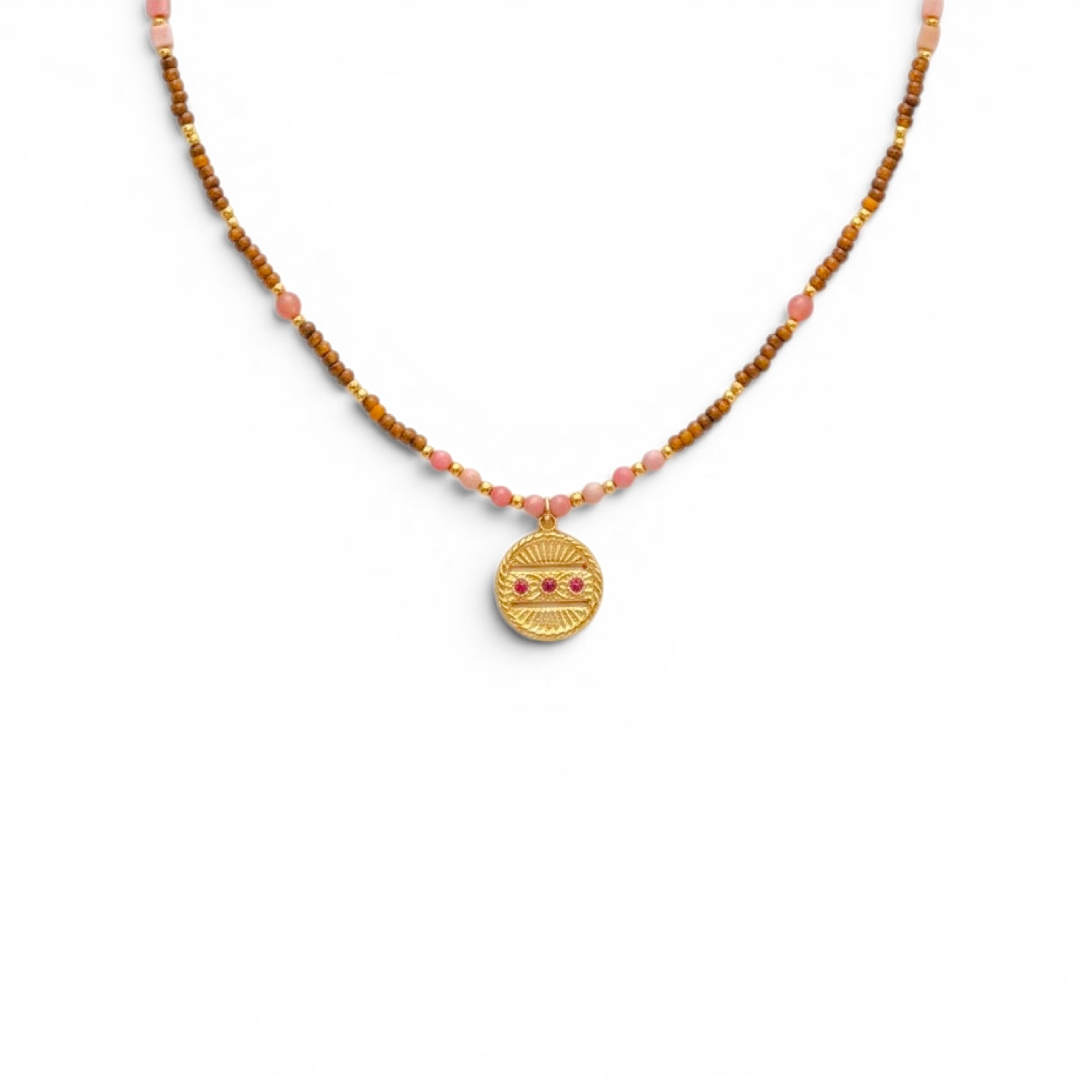 Collana Amuleto con Medaglietta e Perline Rosa e Marroni In Acciaio Inossidabile