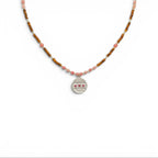 Collana Amuleto con Medaglietta e Perline Rosa e Marroni In Acciaio Inossidabile