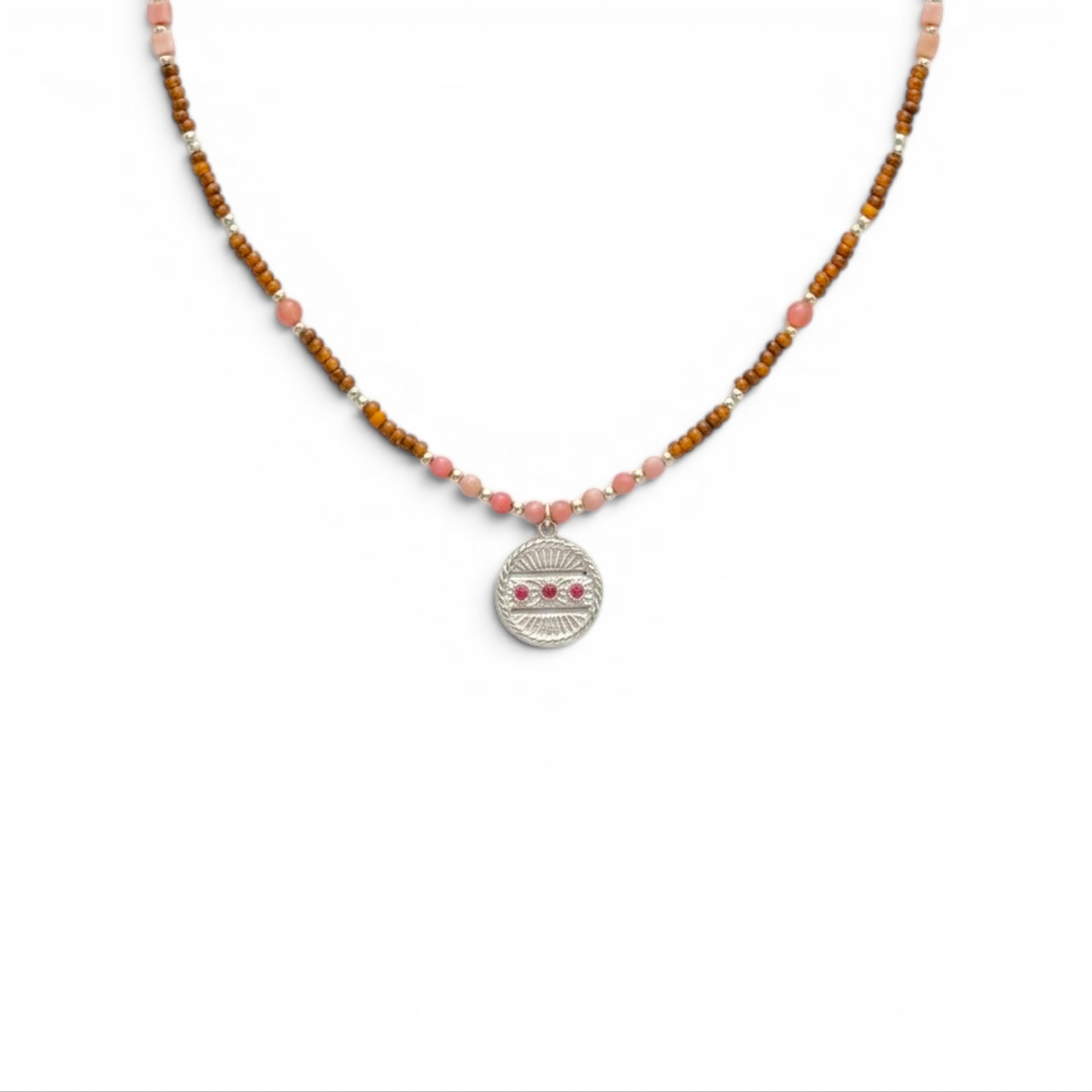 Collana Amuleto con Medaglietta e Perline Rosa e Marroni In Acciaio Inossidabile