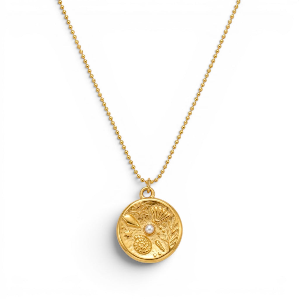 Collana Medaglia Marina con Perla Centrale In Acciaio Inossidabile