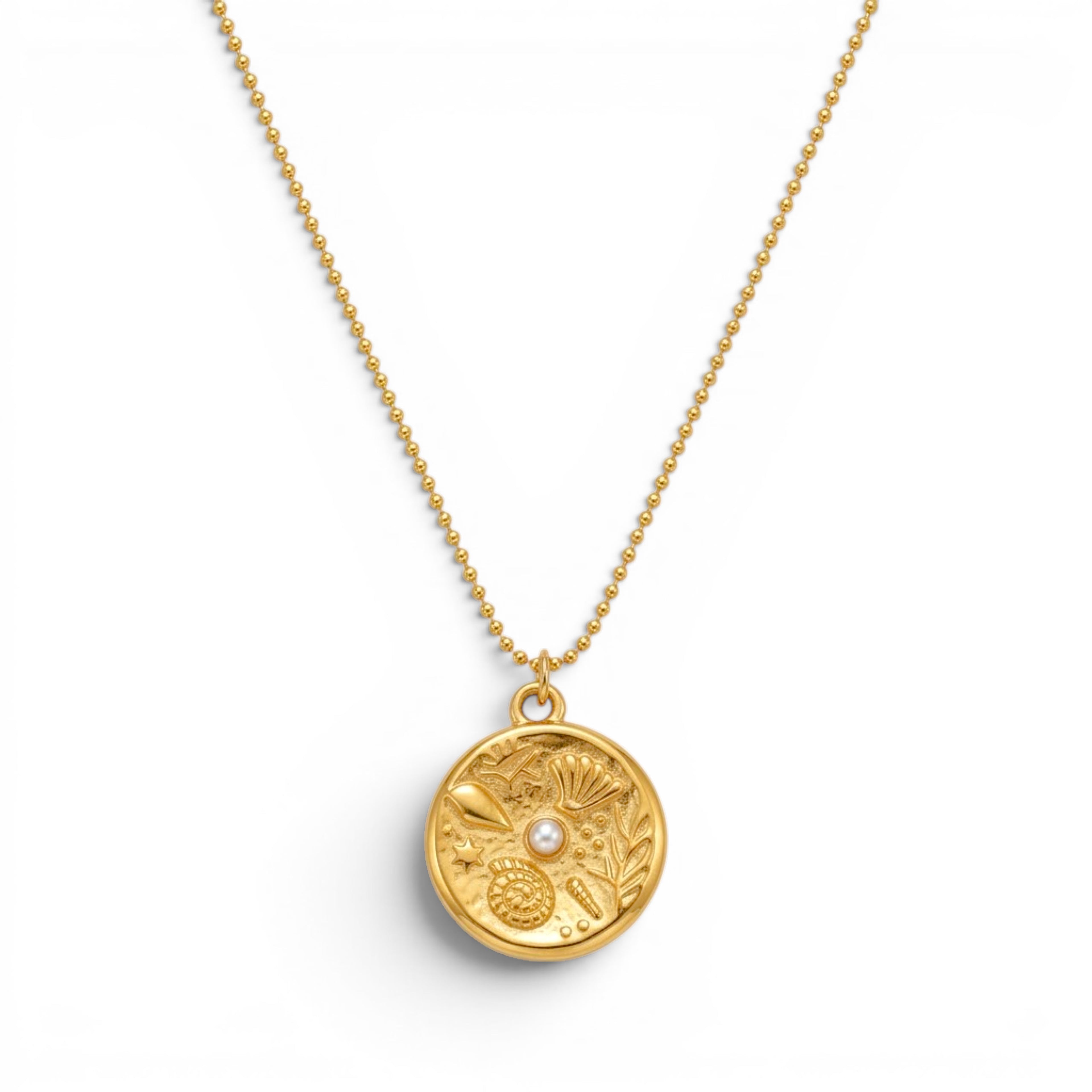Collana Medaglia Marina con Perla Centrale In Acciaio Inossidabile