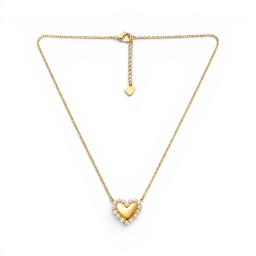 Collana con Cuore Bombato e Profilo di Perle In Acciaio Inossidabile