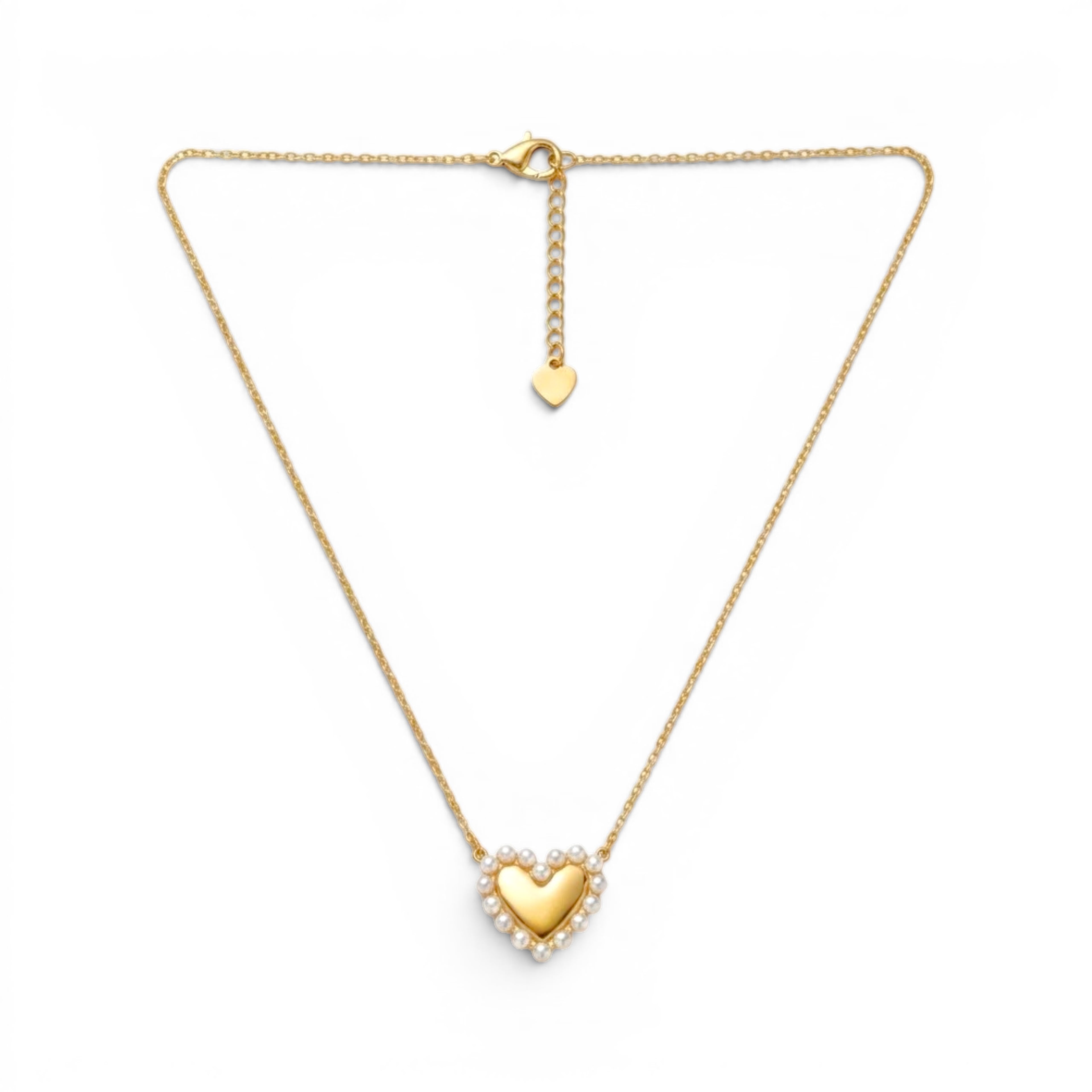 Collana con Cuore Bombato e Profilo di Perle In Acciaio Inossidabile