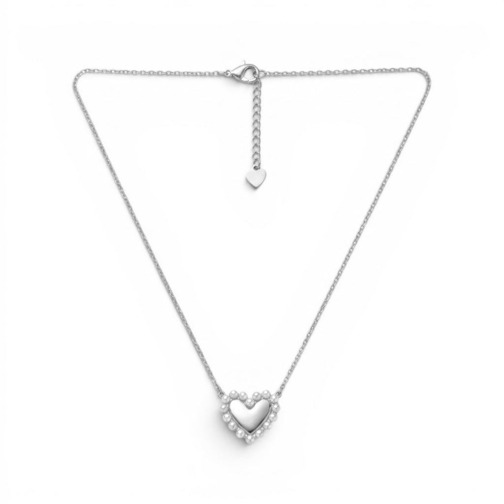 Collana con Cuore Bombato e Profilo di Perle In Acciaio Inossidabile