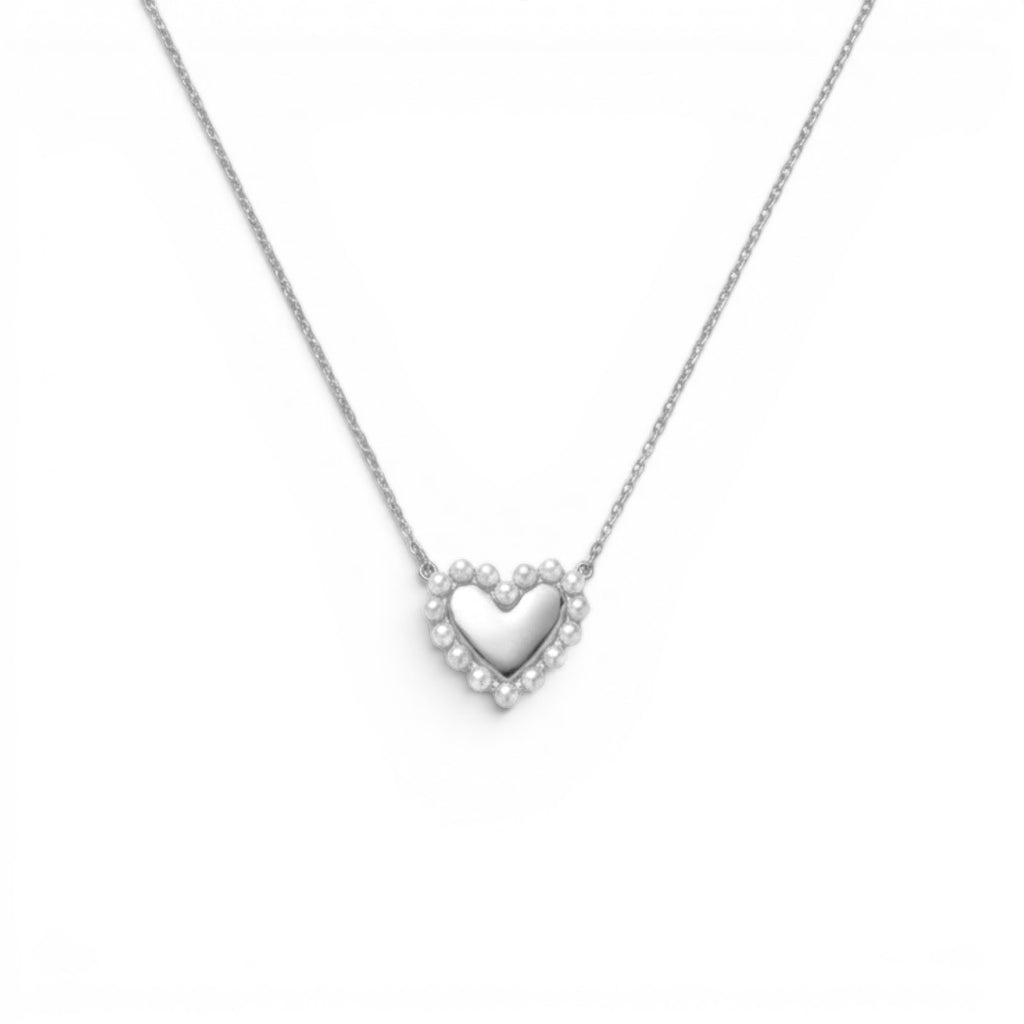 Collana con Cuore Bombato e Profilo di Perle In Acciaio Inossidabile