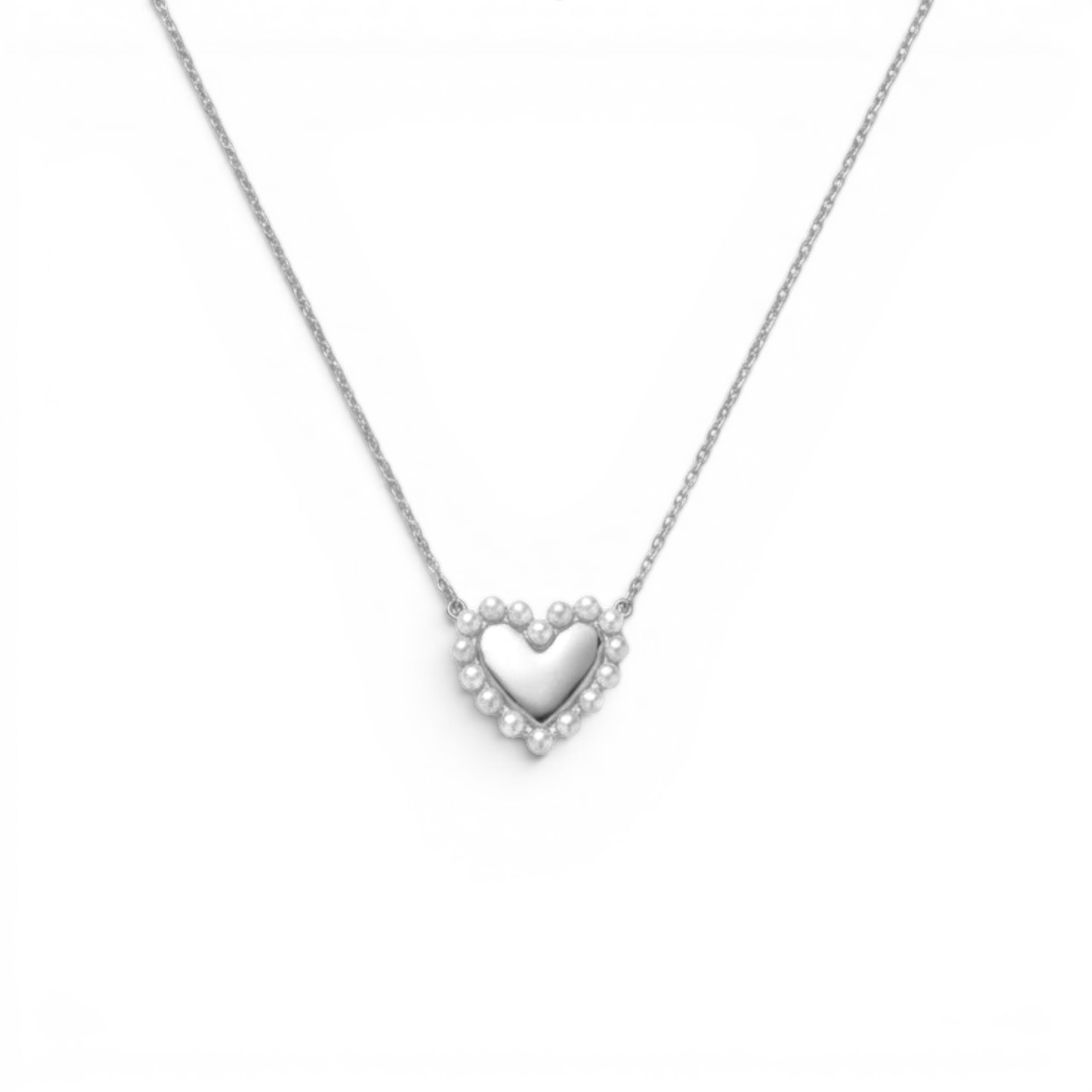 Collana con Cuore Bombato e Profilo di Perle In Acciaio Inossidabile