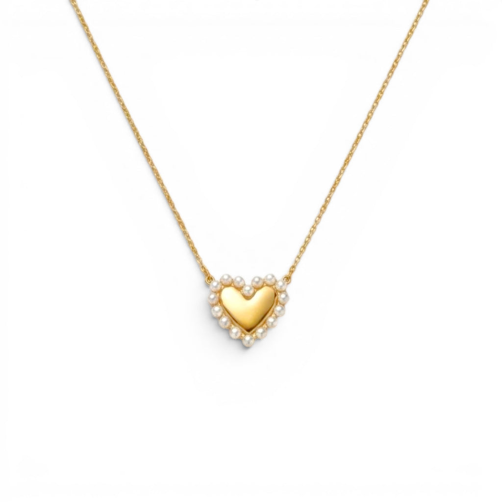 Collana con Cuore Bombato e Profilo di Perle In Acciaio Inossidabile
