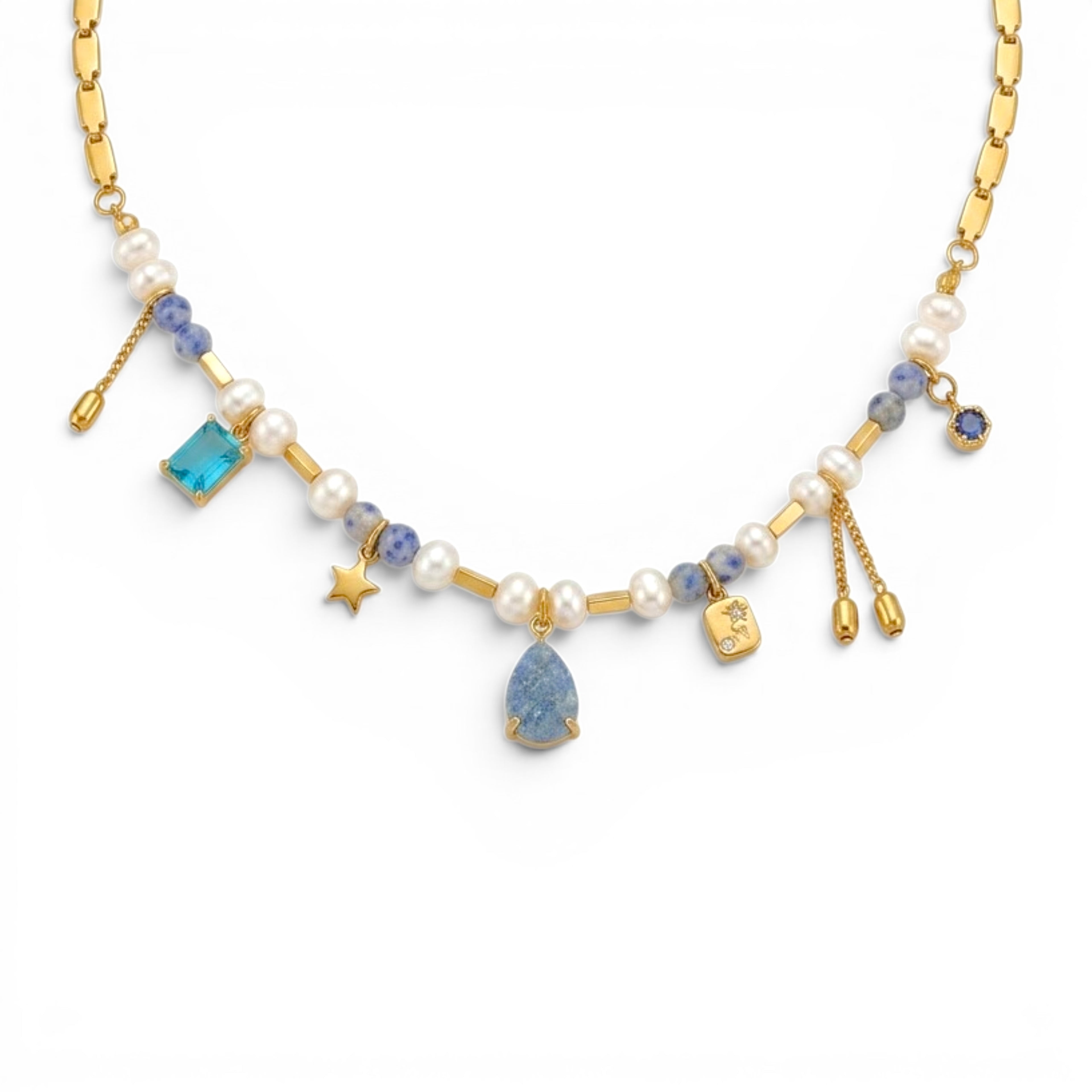 Collana Elegance Celeste con Perle e Pietre In Acciaio Inossidabile