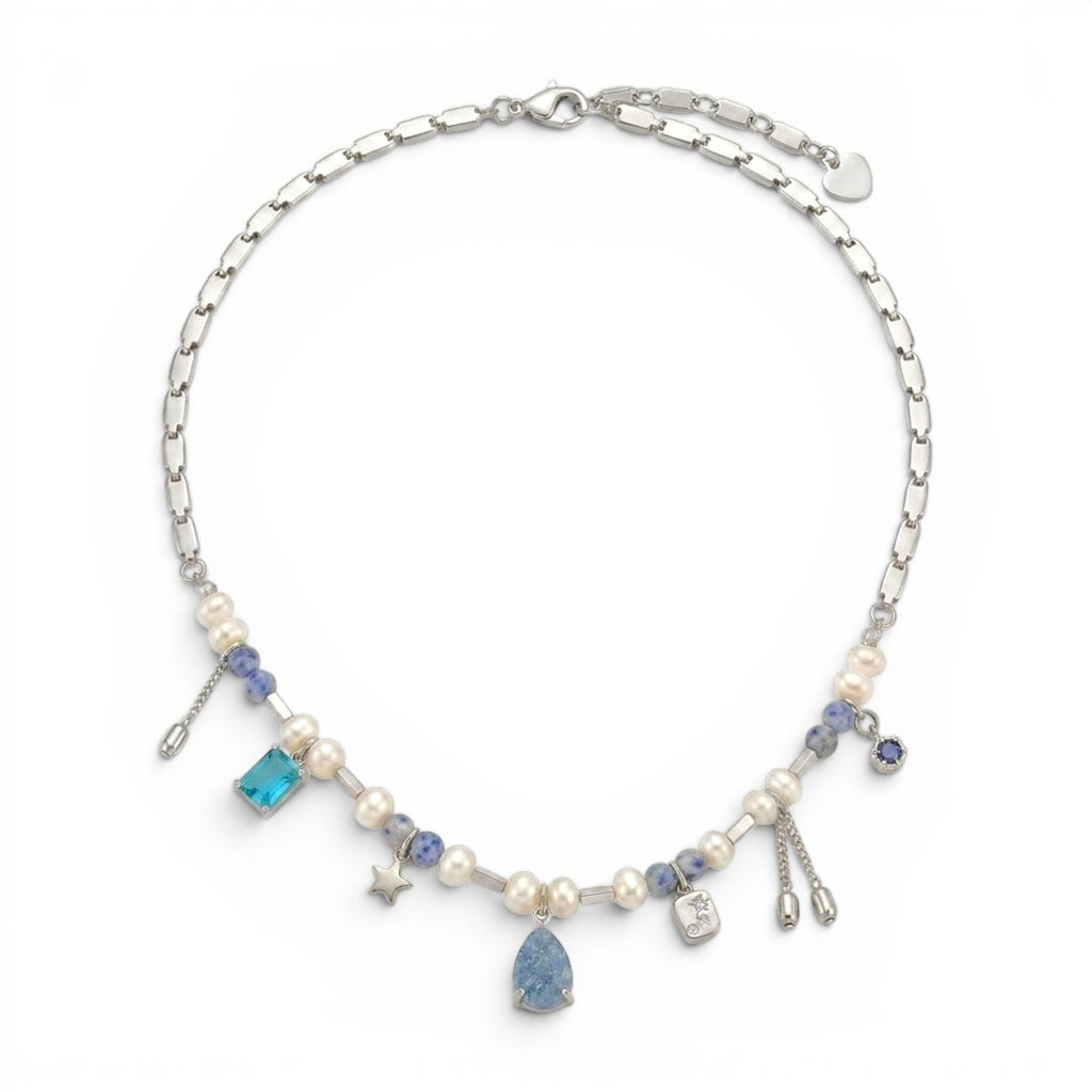 Collana Elegance Celeste con Perle e Pietre In Acciaio Inossidabile