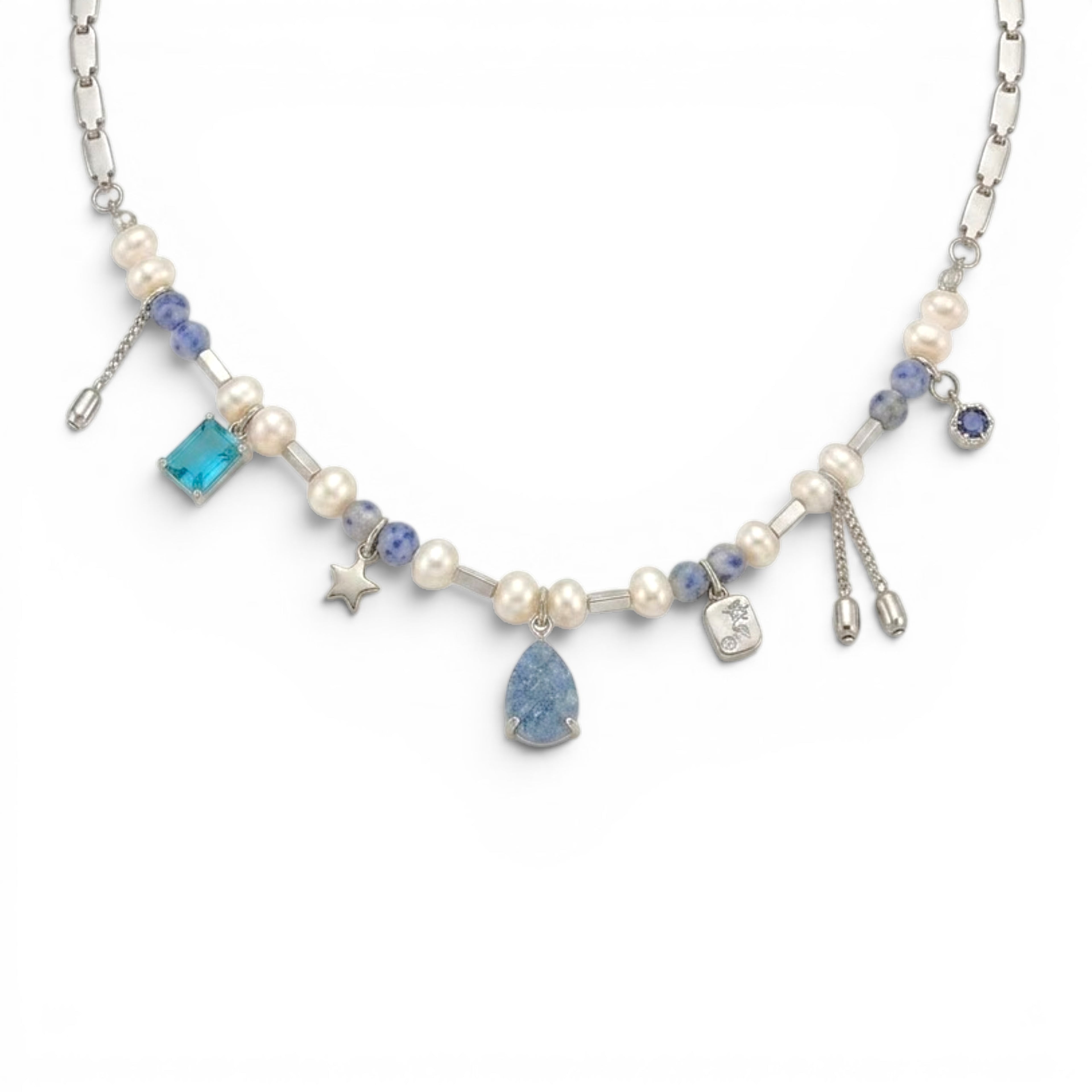 Collana Elegance Celeste con Perle e Pietre In Acciaio Inossidabile