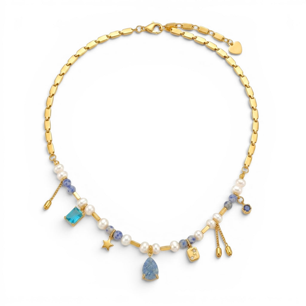 Collana Elegance Celeste con Perle e Pietre In Acciaio Inossidabile