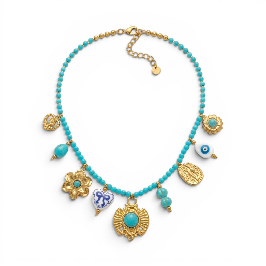 Collana Boho-Chic con Perline Turchesi In Acciaio Inossidabile