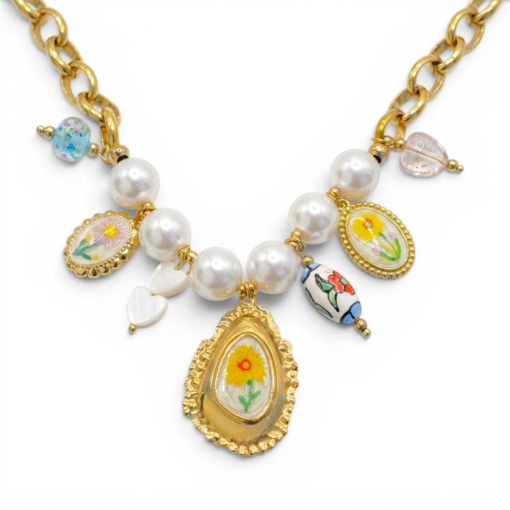Collana Retro Botanical Charm In Acciaio Inossidabile