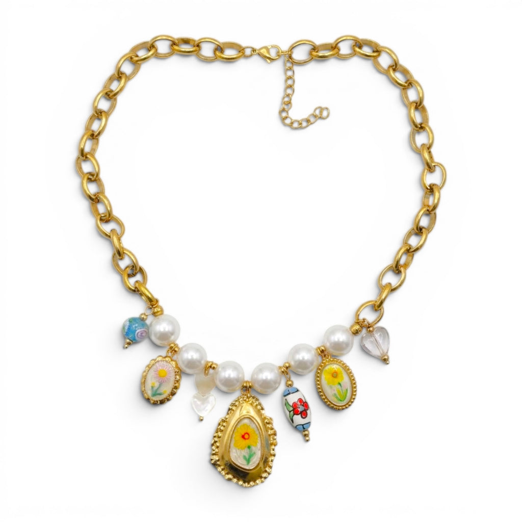 Collana Retro Botanical Charm In Acciaio Inossidabile