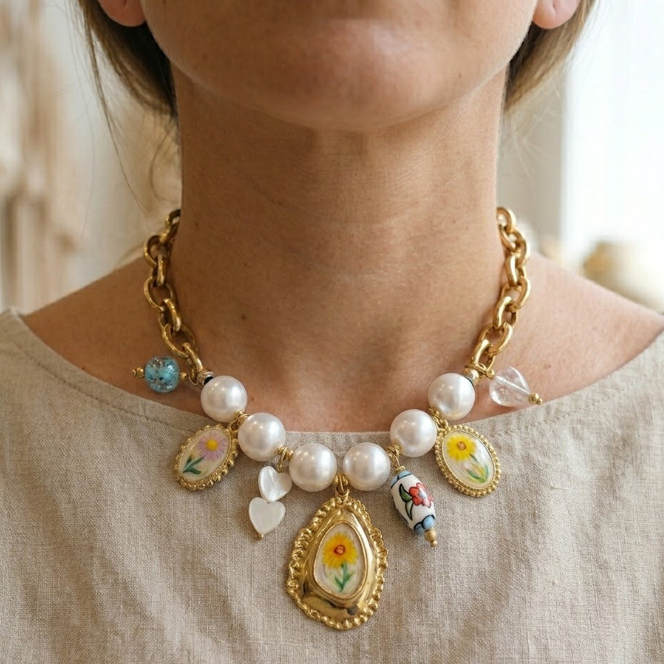Collana Retro Botanical Charm In Acciaio Inossidabile