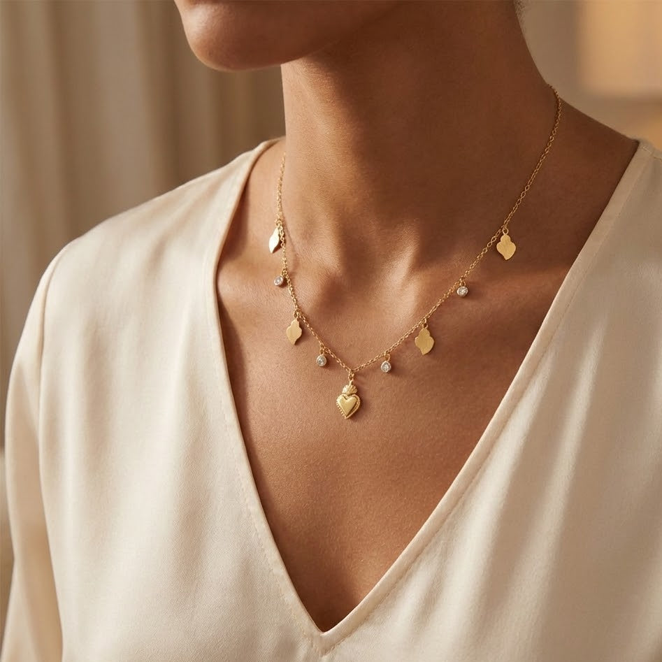 Collana con Pendenti Cuore Sacro e Brillanti In Acciaio Inossidabile
