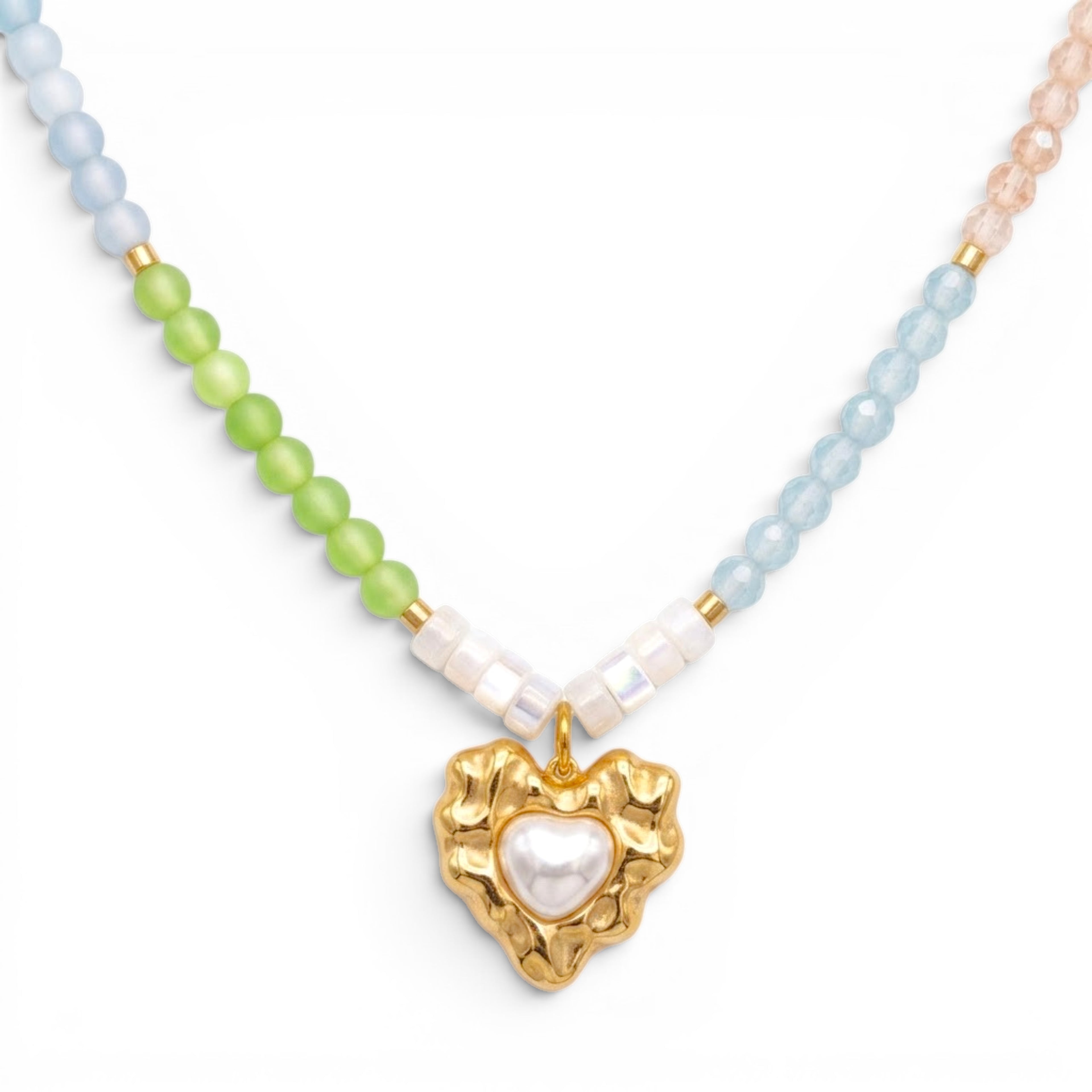 Collana Multicolor con Cuore Martellato e Perla In Acciaio Inossidabile