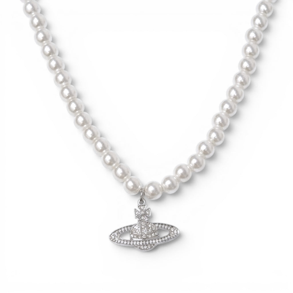 Collana Perle e Charm Pianeta In Acciaio Inossidabile