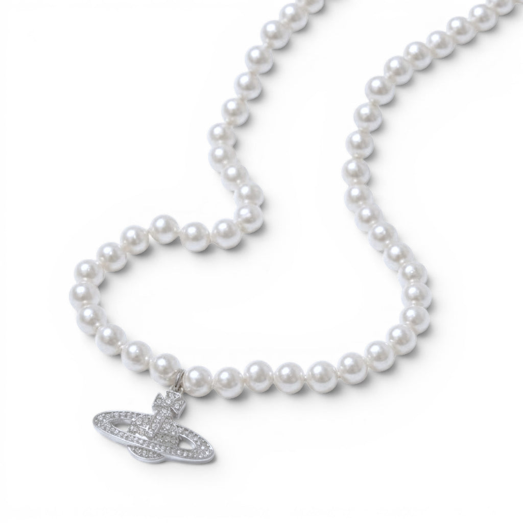 Collana Perle e Charm Pianeta In Acciaio Inossidabile