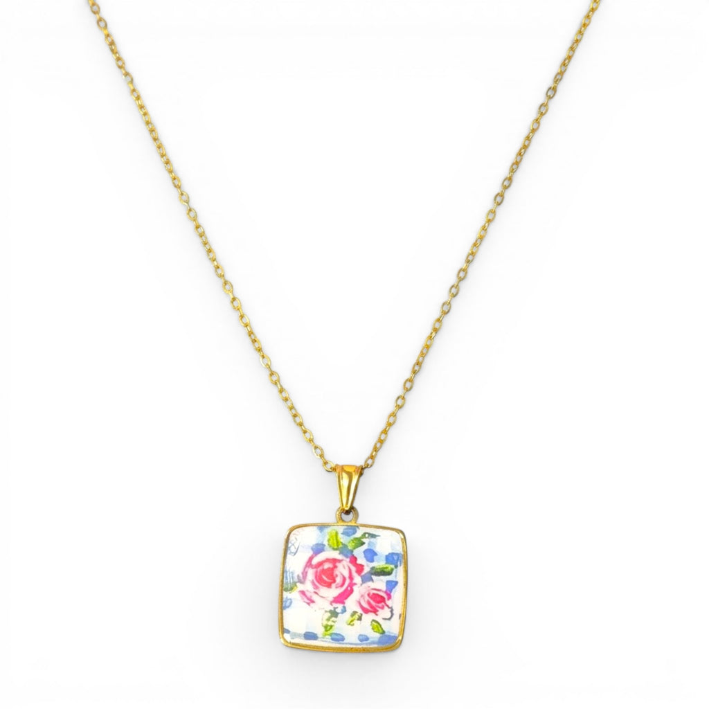 Collana con Pendente Quadro Rosa In Acciaio Inossidabile