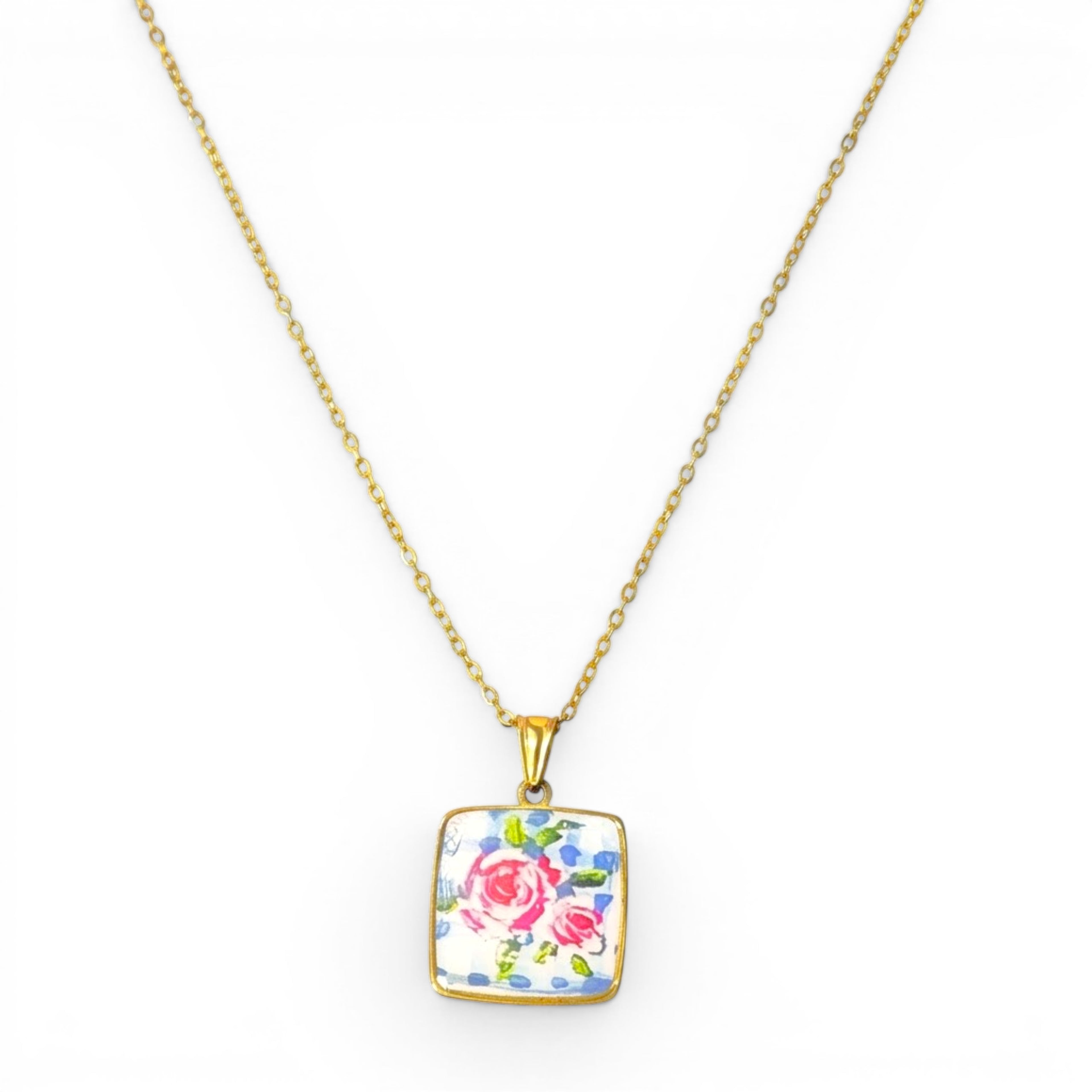 Collana con Pendente Quadro Rosa In Acciaio Inossidabile