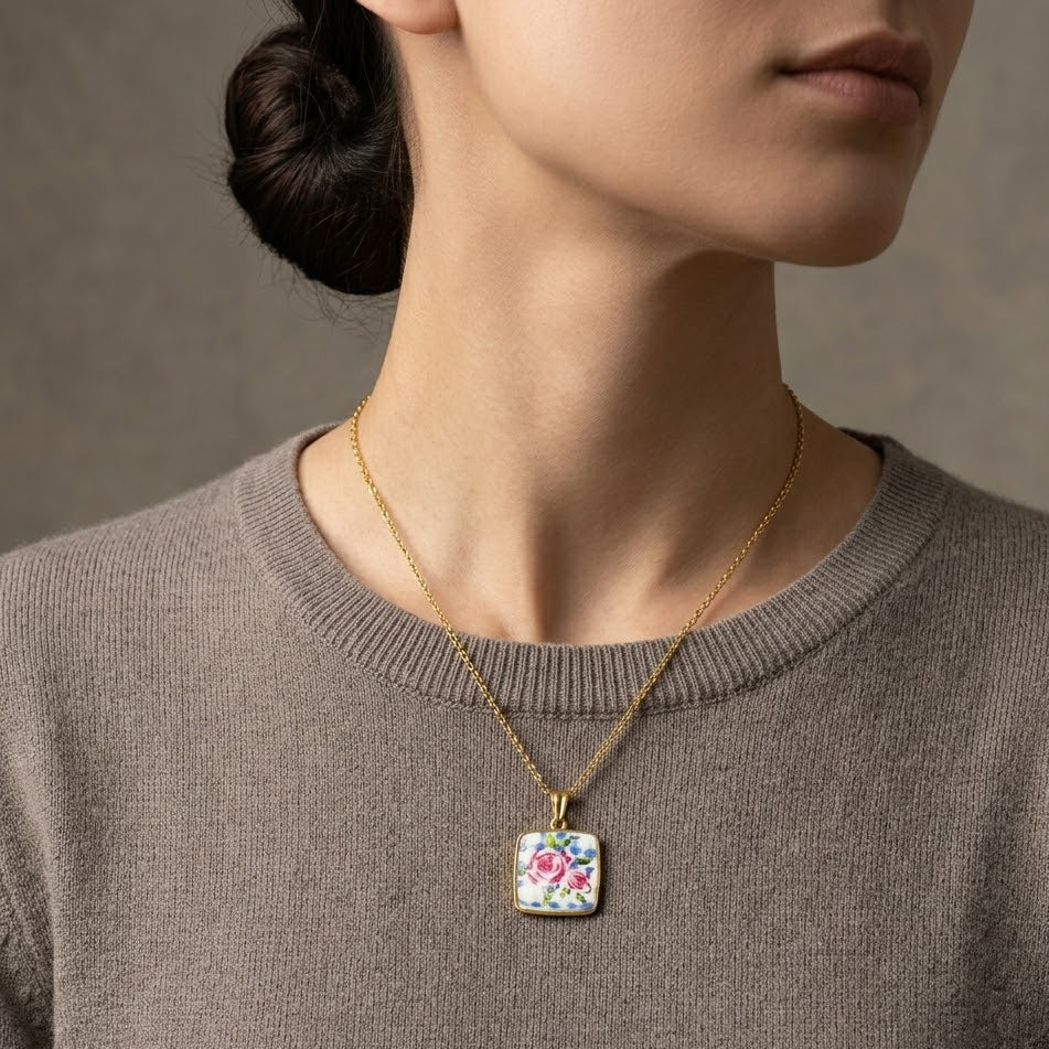 Collana con Pendente Quadro Rosa In Acciaio Inossidabile
