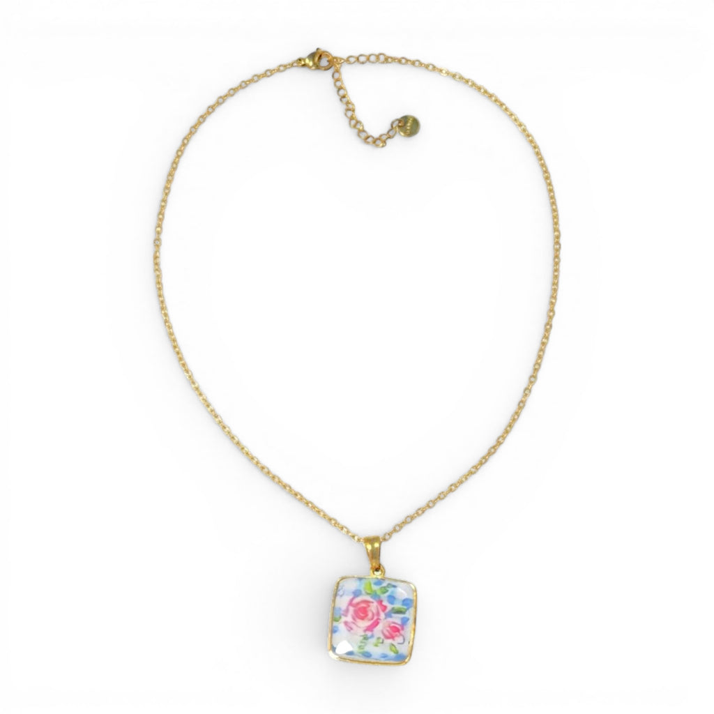 Collana con Pendente Quadro Rosa In Acciaio Inossidabile