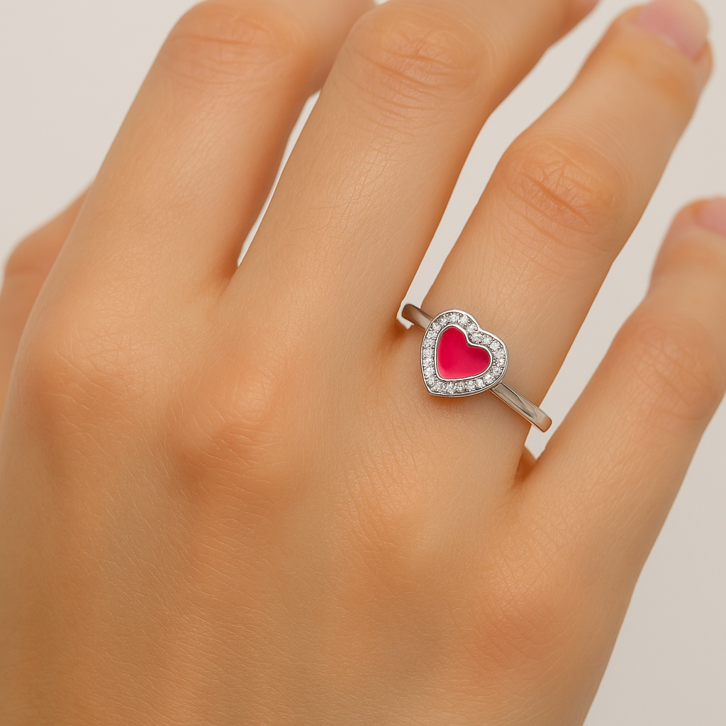Anello Cuore Smaltato e Zirconi Argento