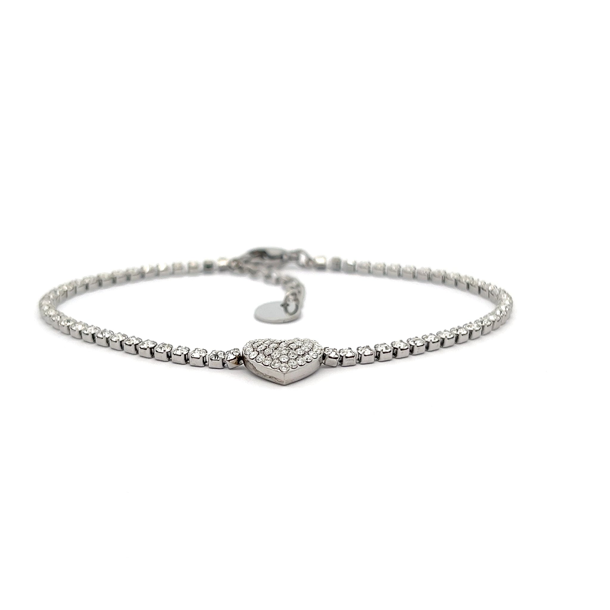 BRACCIALE ZIRCONATO CON CUORE CENTRALE IN ACCIAIO