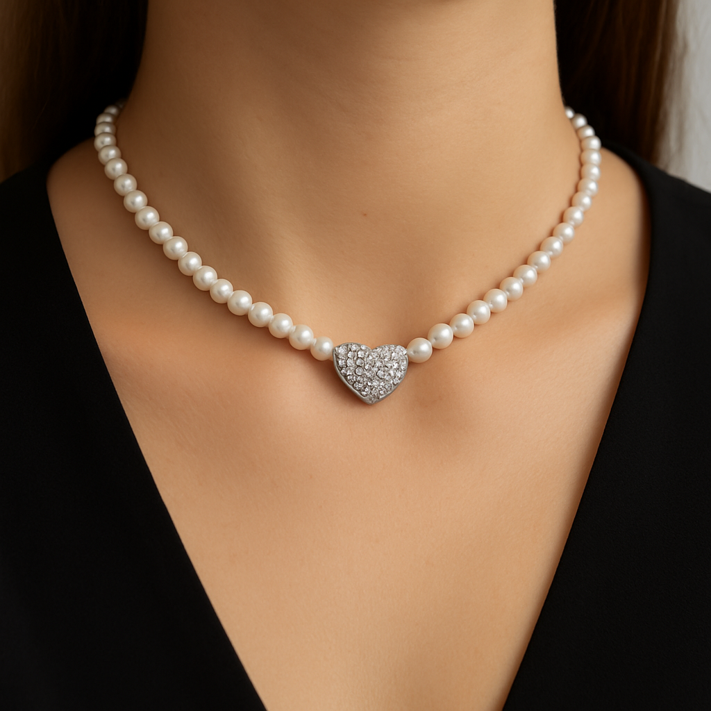 Collana in Acciaio con Perle e Pendente a Cuore