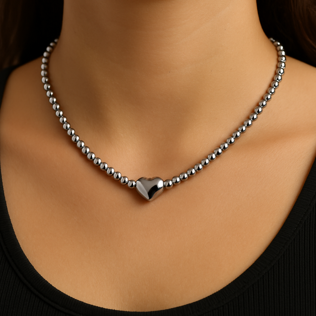 Collana Cuore in Acciaio Con Perline