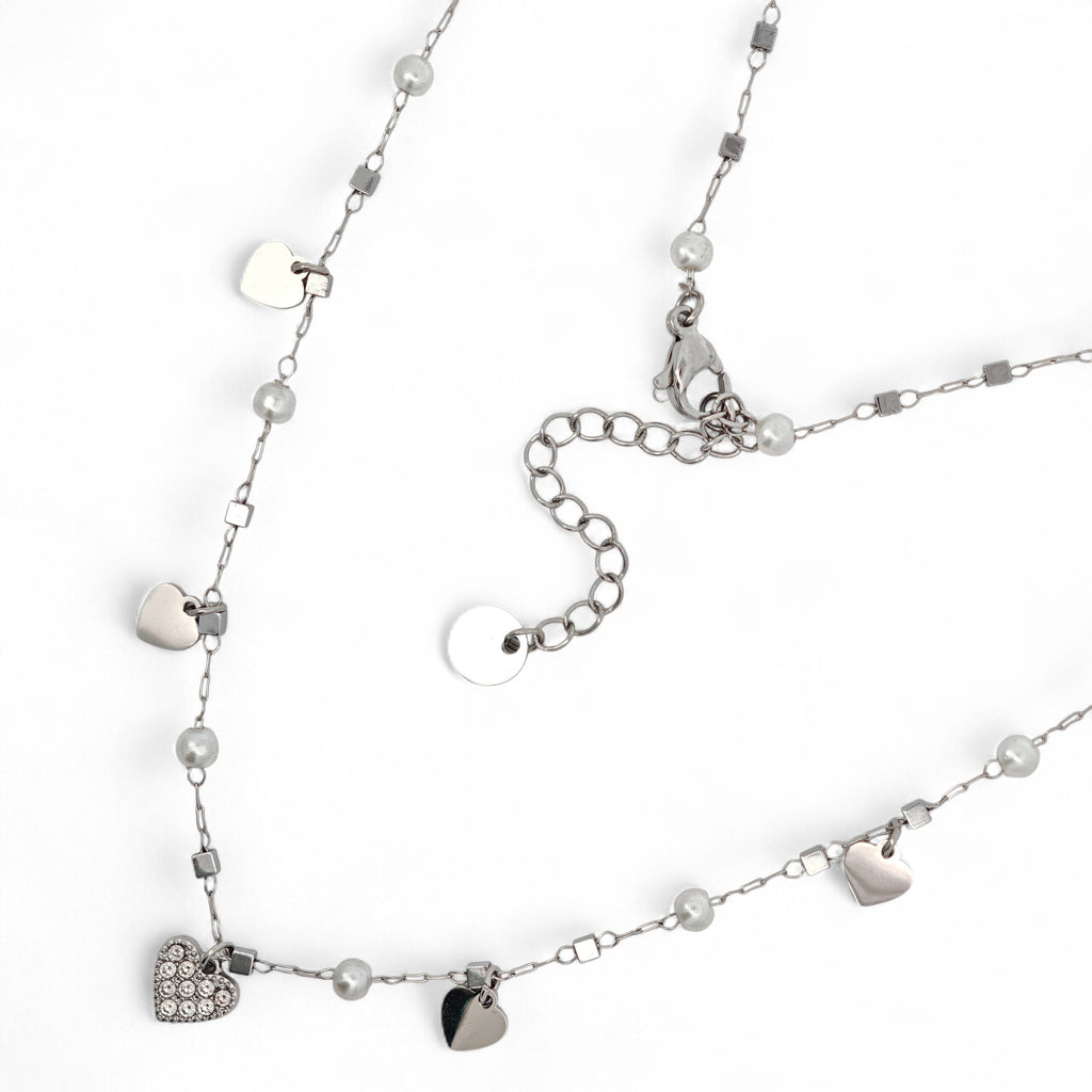 Collana in Acciaio con Pendenti a Cuore e Perle